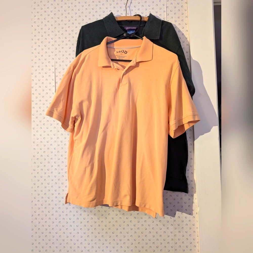 Two Large Polos Men's Peach Dark Green Blue Shirts Izod, Fruit Of The Loom